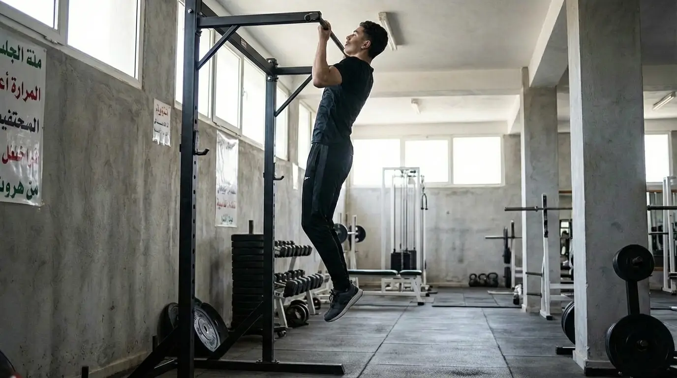 Pull Up Algérie 2026 : Guide Complet + Programme Efficace 4 Courda – Équipements Sport & Fitness en Algérie Position haute du pull up avec menton au-dessus de la barre et omoplates serrées en Algérie.