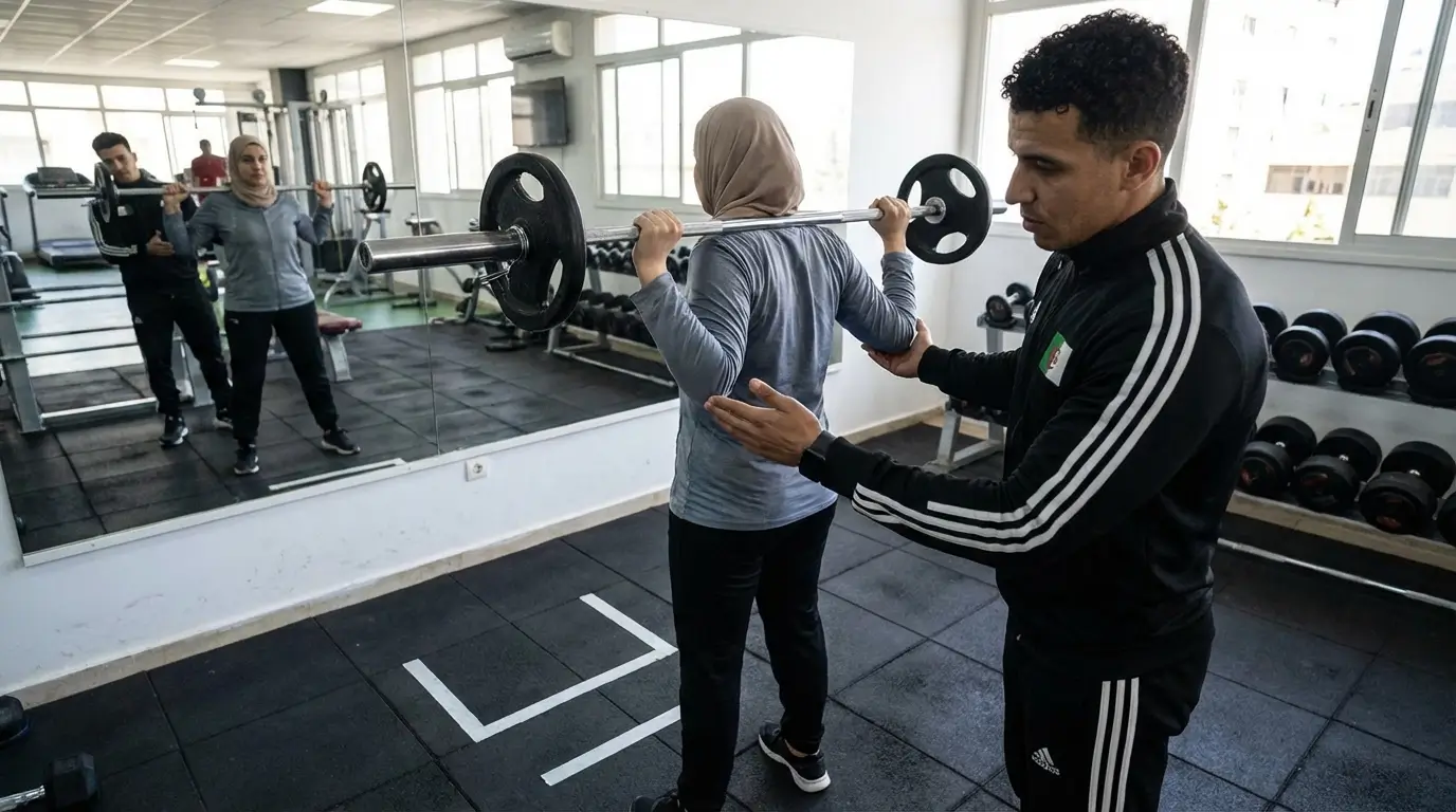 Salle de Musculation Algérie 2026 : Guide Complet + Setup 5 Courda – Équipements Sport & Fitness en Algérie Coach en salle de musculation en Algérie corrigeant la technique de squat d'un débutant devant un miroir