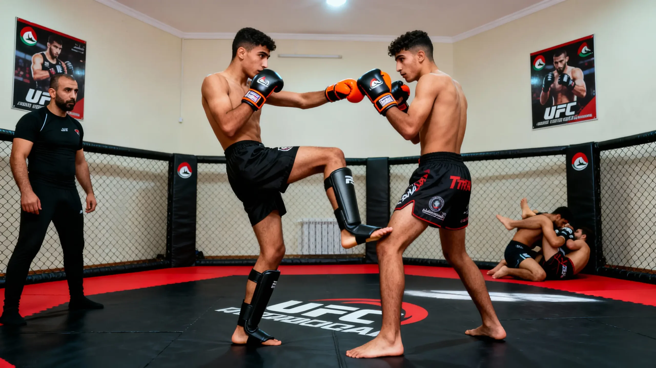 MMA Algérie 2026 : Guide Complet pour Débuter + Équipement 2 Courda – Équipements Sport & Fitness en Algérie Pratiquants de MMA en Algérie travaillant les techniques de base de striking, low kick, takedown et combat au sol dans un petit octogone d’entraînement.