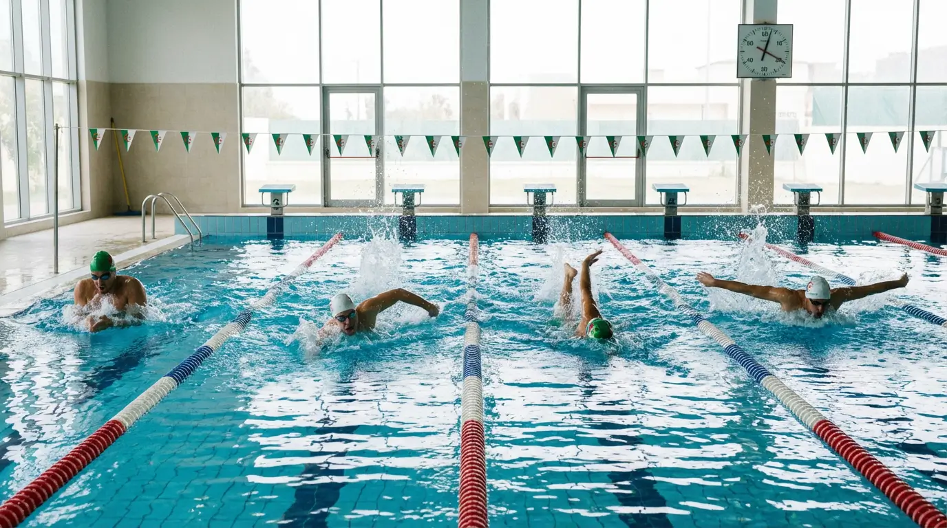 Natation Algérie 2026 : Guide Complet pour Débuter 2 Courda – Équipements Sport & Fitness en Algérie Nageurs en Algérie démontrant les quatre techniques de natation brasse, crawl, dos crawlé et papillon dans une piscine pour améliorer la technique et le renforcement musculaire