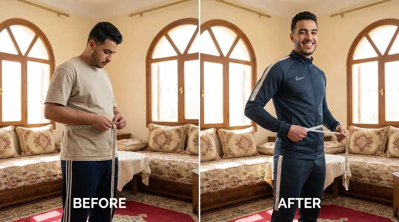 Cardio Algérie 2026 : Guide + Programme Efficace 9 Courda – Équipements Sport & Fitness en Algérie Transformation physique en Algérie grâce au cardio régulier montrant une perte de tour de taille et une meilleure silhouette après plusieurs semaines d'entraînement