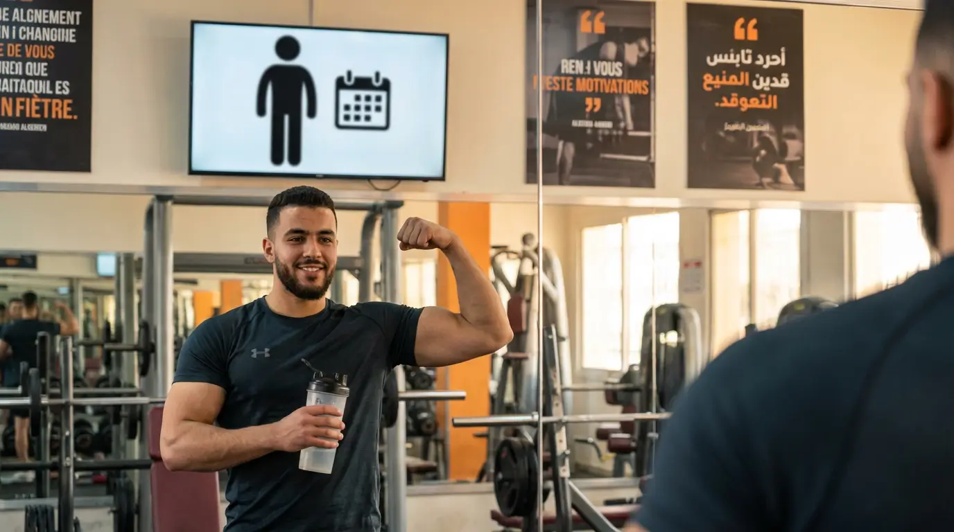 La Whey en Algérie 2026 : Guide Complet + Choix & Bienfaits 7 Courda – Équipements Sport & Fitness en Algérie transformation physique avec whey proteine en algerie montrant sportif algerien plus muscle et motive tenant un shaker en salle de sport