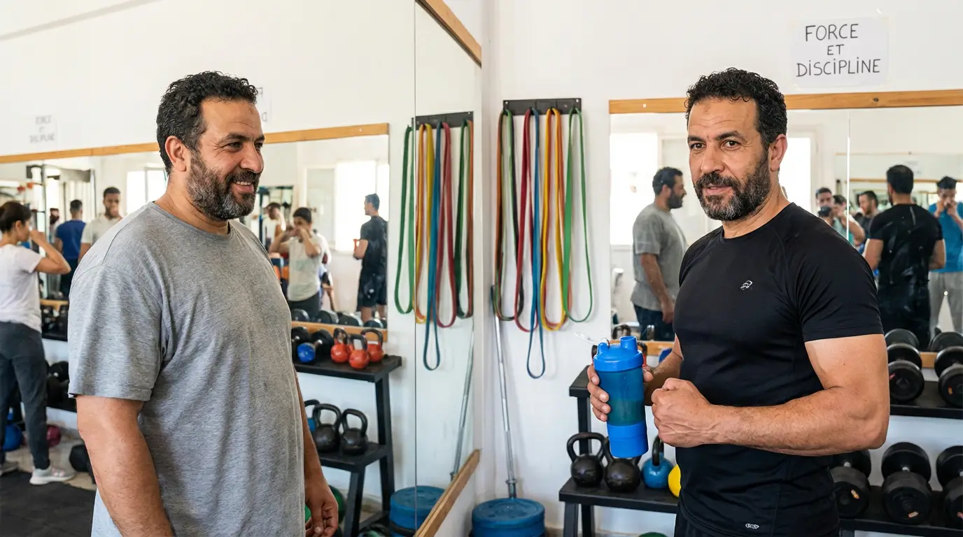 Salle de Musculation Algérie 2026 : Guide Complet + Setup 7 Courda – Équipements Sport & Fitness en Algérie Transformation physique en salle de musculation en Algérie avec prise de muscle, perte de graisse et utilisation d'équipement maison