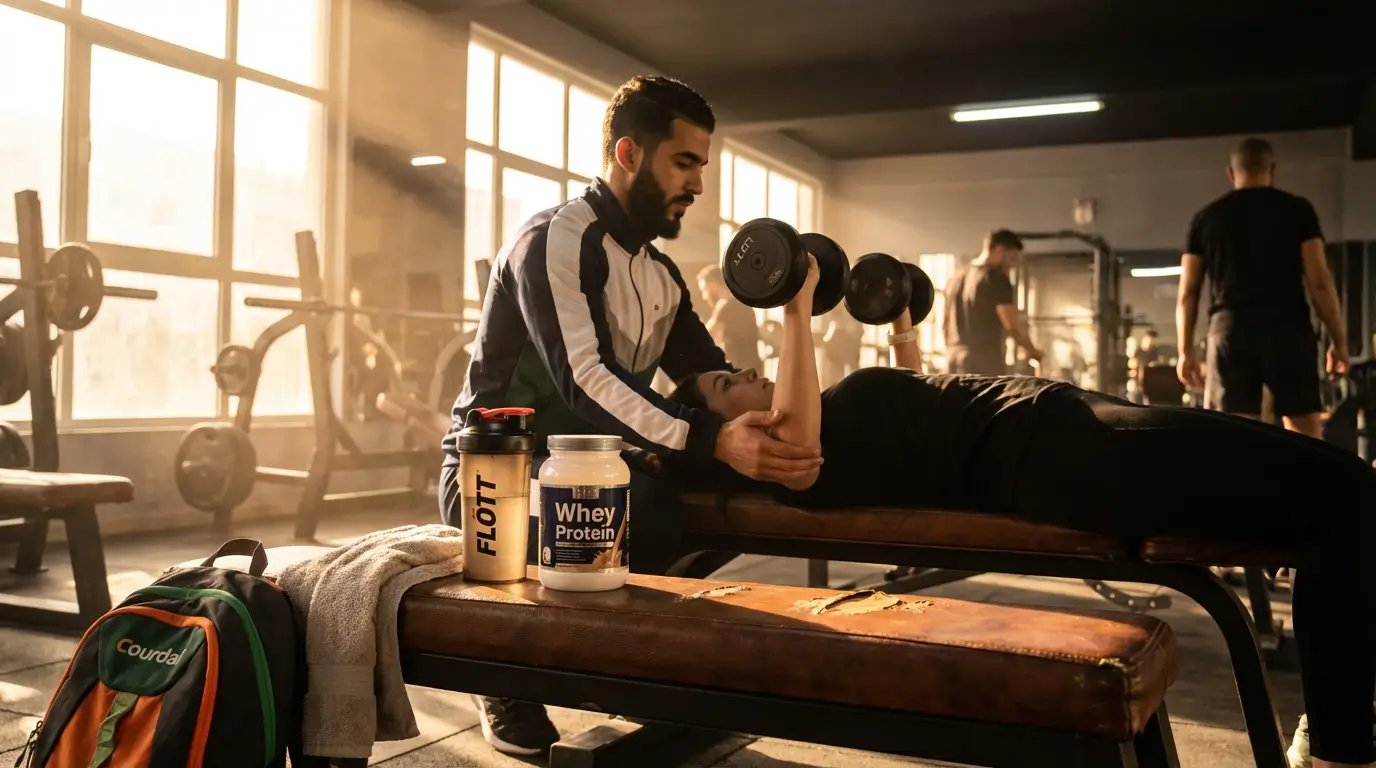 whey proteine musculation en algerie avec sportifs hommes et femmes en salle de sport et shaker flott sur banc