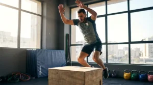 Athlète algérien en entraînement de pliométrie réalisant un box jump explosif dans une salle de sport à Alger avec équipement Courda pour développer la puissance musculaire