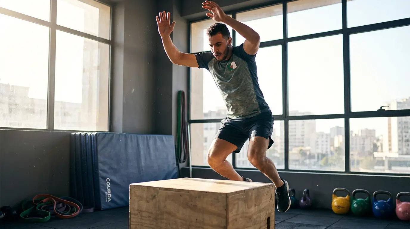 Athlète algérien en entraînement de pliométrie réalisant un box jump explosif dans une salle de sport à Alger avec équipement Courda pour développer la puissance musculaire