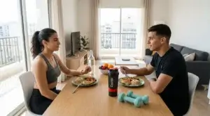 Équilibre alimentaire pour sportifs en Algérie avec repas sains, eau et équipements fitness Courda pour améliorer les performances