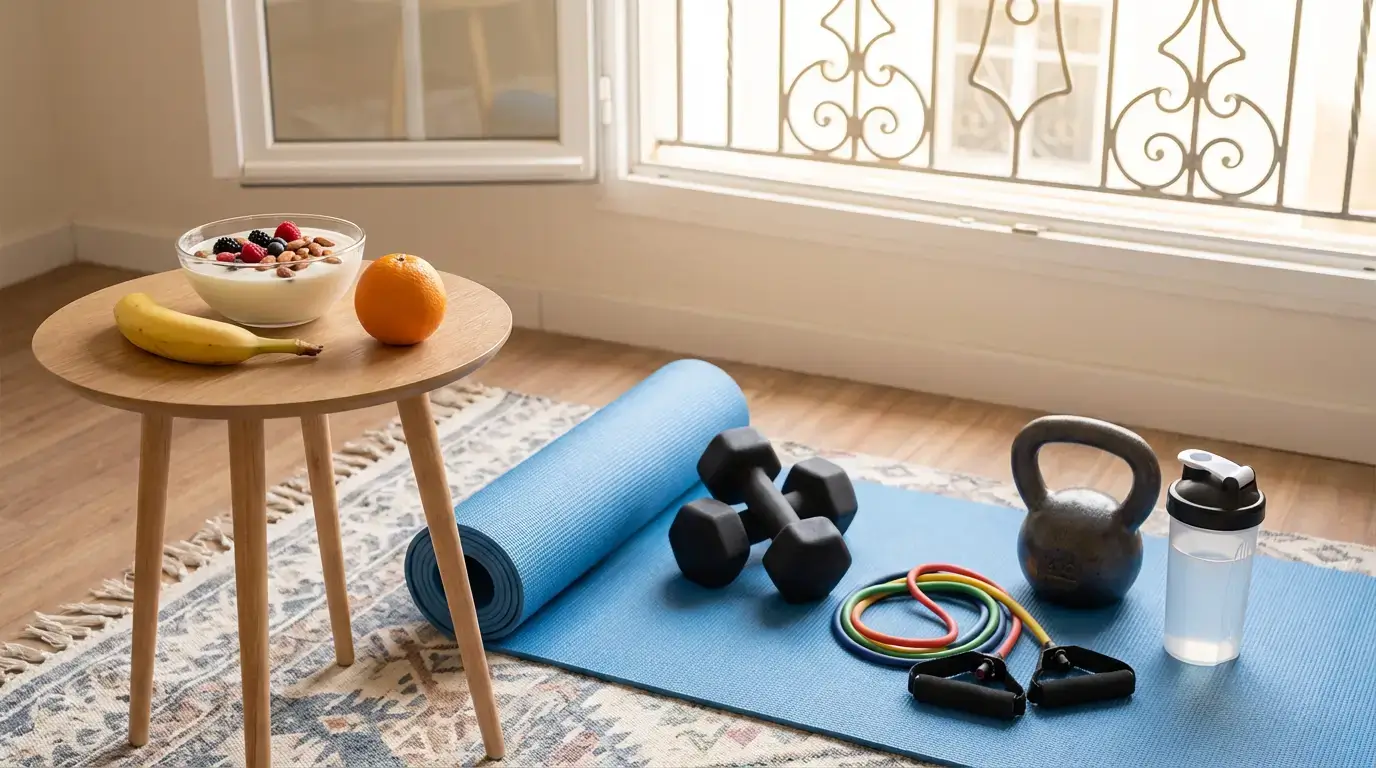 Équilibre Alimentaire Sport Algérie 2026 : Guide Complet 3 Courda – Équipements Sport & Fitness en Algérie Équipement fitness Courda avec haltères, bandes et shaker protéiné pour soutenir un équilibre alimentaire sportif en Algérie