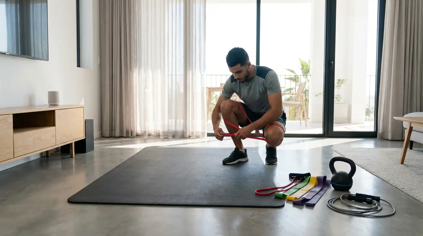 Pliométrie Algérie 2026 : Guide Complet + Programme Efficace 4 Courda – Équipements Sport & Fitness en Algérie Équipement pliométrie Courda avec tapis de fitness, bandes élastiques, kettlebell et corde à sauter prêts pour un entraînement explosif à la maison en Algérie