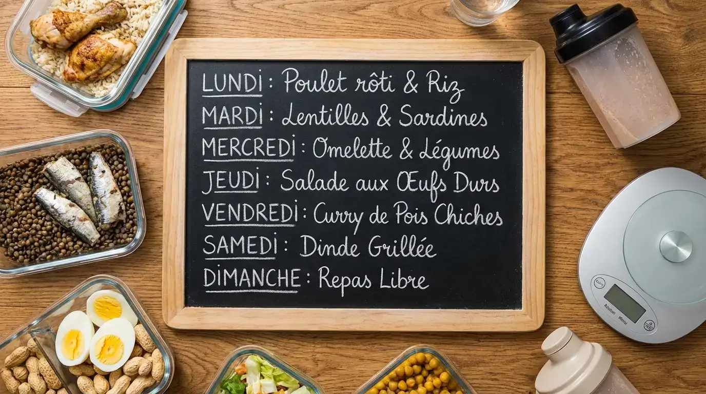 Aliments Riche en Protéines Algérie 2026 : Guide Complet 4 Courda – Équipements Sport & Fitness en Algérie Planning alimentaire 7 jours riche en protéines pour sportifs algériens avec repas préparés poulet œufs poisson et légumineuses