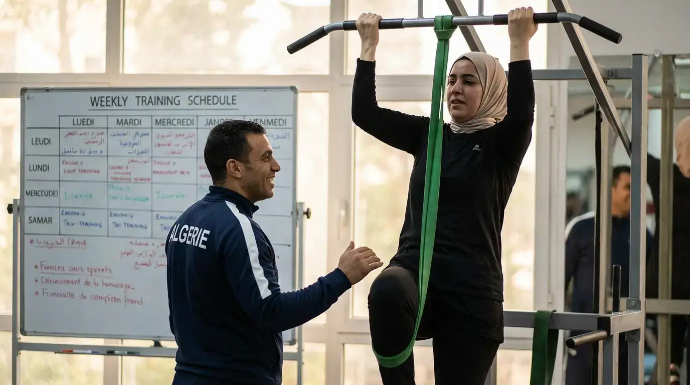 Chin Up Algérie 2026 : Guide Complet Technique & Programme 3 Courda – Équipements Sport & Fitness en Algérie Programme chin up débutant en Algérie avec coach utilisant bande élastique pour assistance progressive sur barre de traction
