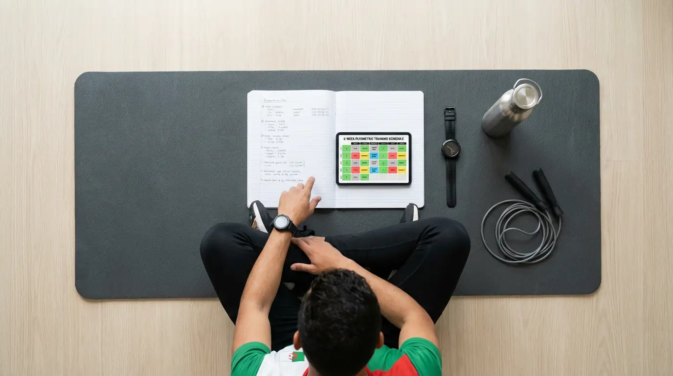 Pliométrie Algérie 2026 : Guide Complet + Programme Efficace 2 Courda – Équipements Sport & Fitness en Algérie Planning d'entraînement pliométrie 6 semaines avec répartition des séances, jours de repos actif et matériel Courda sur tapis de fitness en Algérie