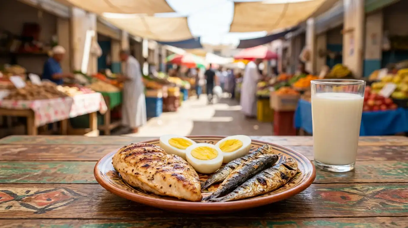 Aliments Riche en Protéines Algérie 2026 : Guide Complet 1 Courda – Équipements Sport & Fitness en Algérie Assiette d’aliments riche en protéines d’origine animale en Algérie avec blanc de poulet œufs sardines et lait pour sportifs