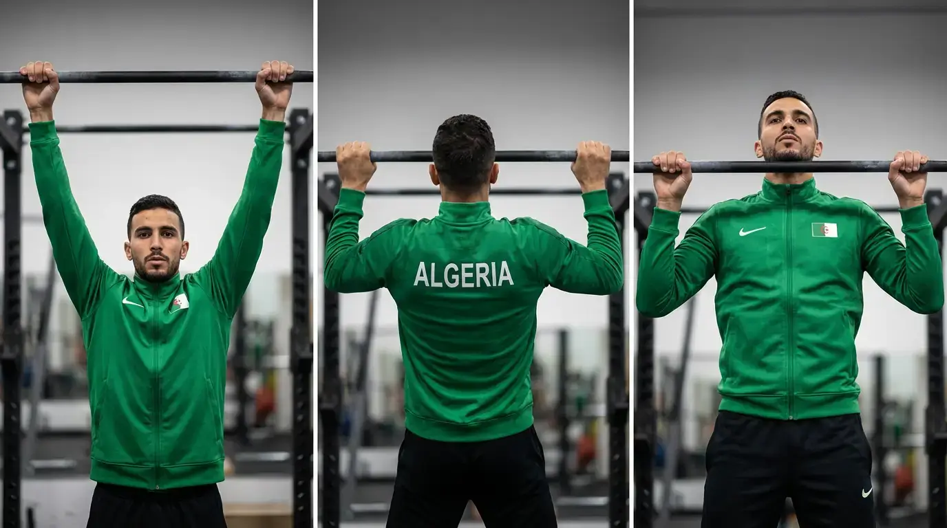 Chin Up Algérie 2026 : Guide Complet Technique & Programme 2 Courda – Équipements Sport & Fitness en Algérie Technique chin up Algérie avec démonstration des phases du mouvement prise supination gainage et amplitude complète pour muscler le dos