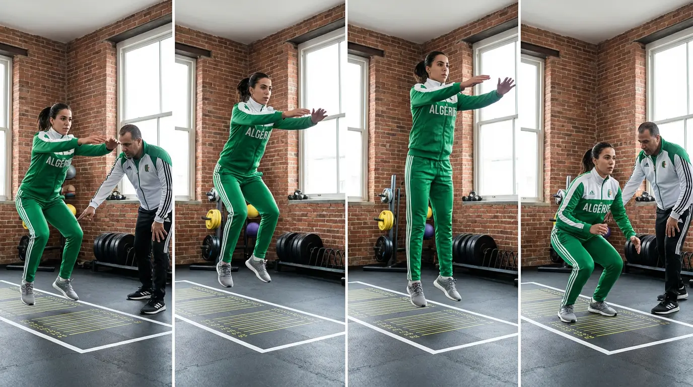 Pliométrie Algérie 2026 : Guide Complet + Programme Efficace 3 Courda – Équipements Sport & Fitness en Algérie Athlète algérienne en squat jump pliométrique avec coach expliquant la bonne technique d'atterrissage pour sécuriser les genoux en salle de sport en Algérie