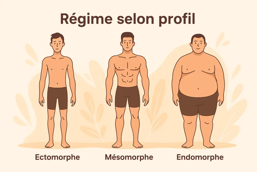 Infographie claire et informative en arabe "نظام غذائي لإنقاص دهون البطن حسب نوع الجسم" (Régime pour Perdre du Ventre selon le type de corps), présentant trois morphotypes principaux pertinents pour les personnes en Algérie souhaitant perdre la graisse abdominale. À gauche, un ectomorphe, reconnaissable à sa silhouette fine et son ossature légère. Au centre, un mésomorphe, affichant une musculature naturelle et une constitution athlétique. À droite, un endomorphe, avec une structure corporelle plus ronde et une tendance à stocker davantage de graisse. Chaque morphotype est légendé avec son nom : "Ectomorphe", "Mésomorphe" et "Endomorphe", en dessous de chaque illustration. Le titre "Régime selon profil" est mis en avant en haut de l'image. Cette représentation visuelle aide les Algériens à identifier leur type de corps pour mieux adapter leur approche de régime et d'exercice afin de cibler efficacement la perte de ventre.
