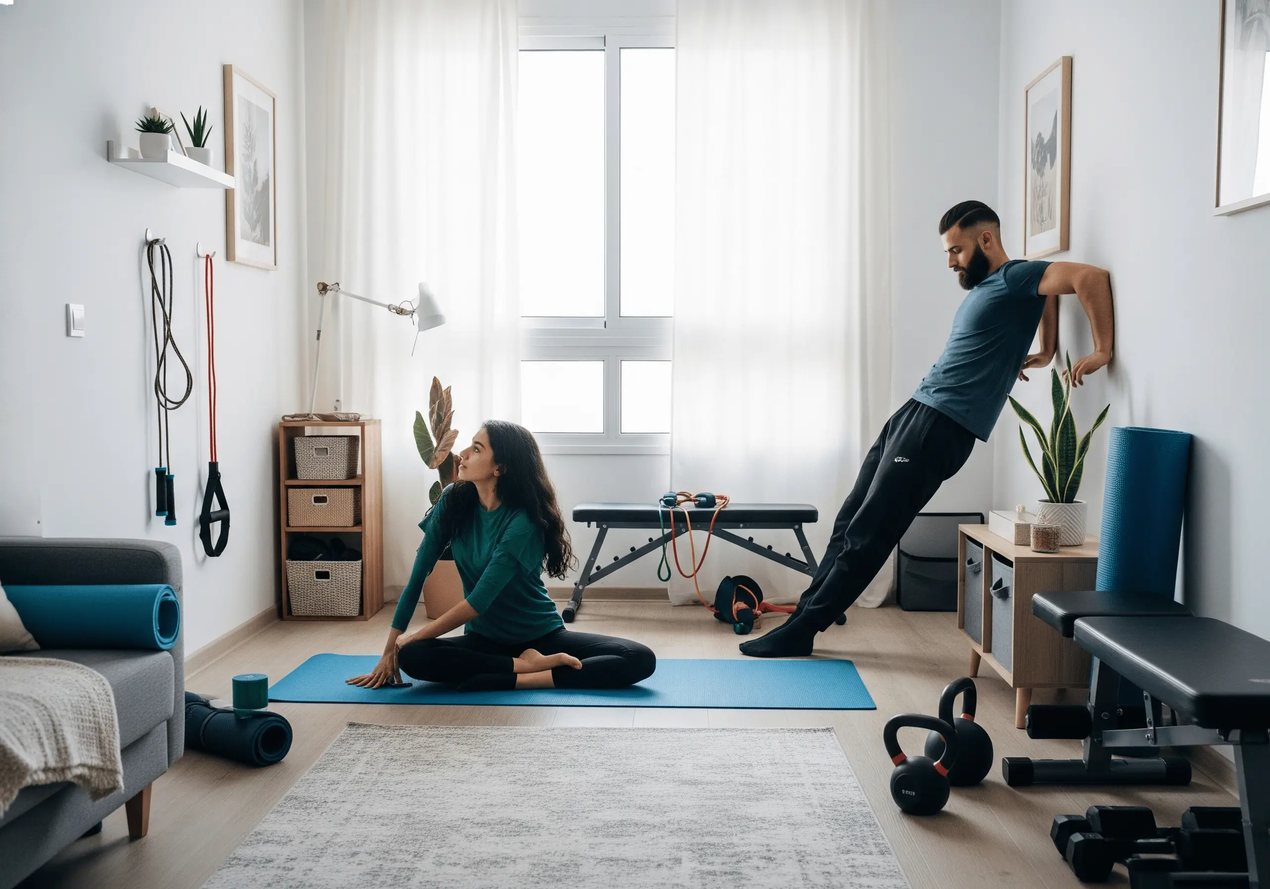 Un appartement algérien moderne et lumineux avec un espace d'entraînement compact. Une femme pratique le yoga sur un tapis, tandis qu'un homme fait des pompes murales. L'équipement de fitness pliable est rangé intelligemment, incluant des bandes de résistance, des haltères et une corde à sauter accrochée. La lumière naturelle éclaire le décor minimaliste, typique d'un foyer urbain algérien.