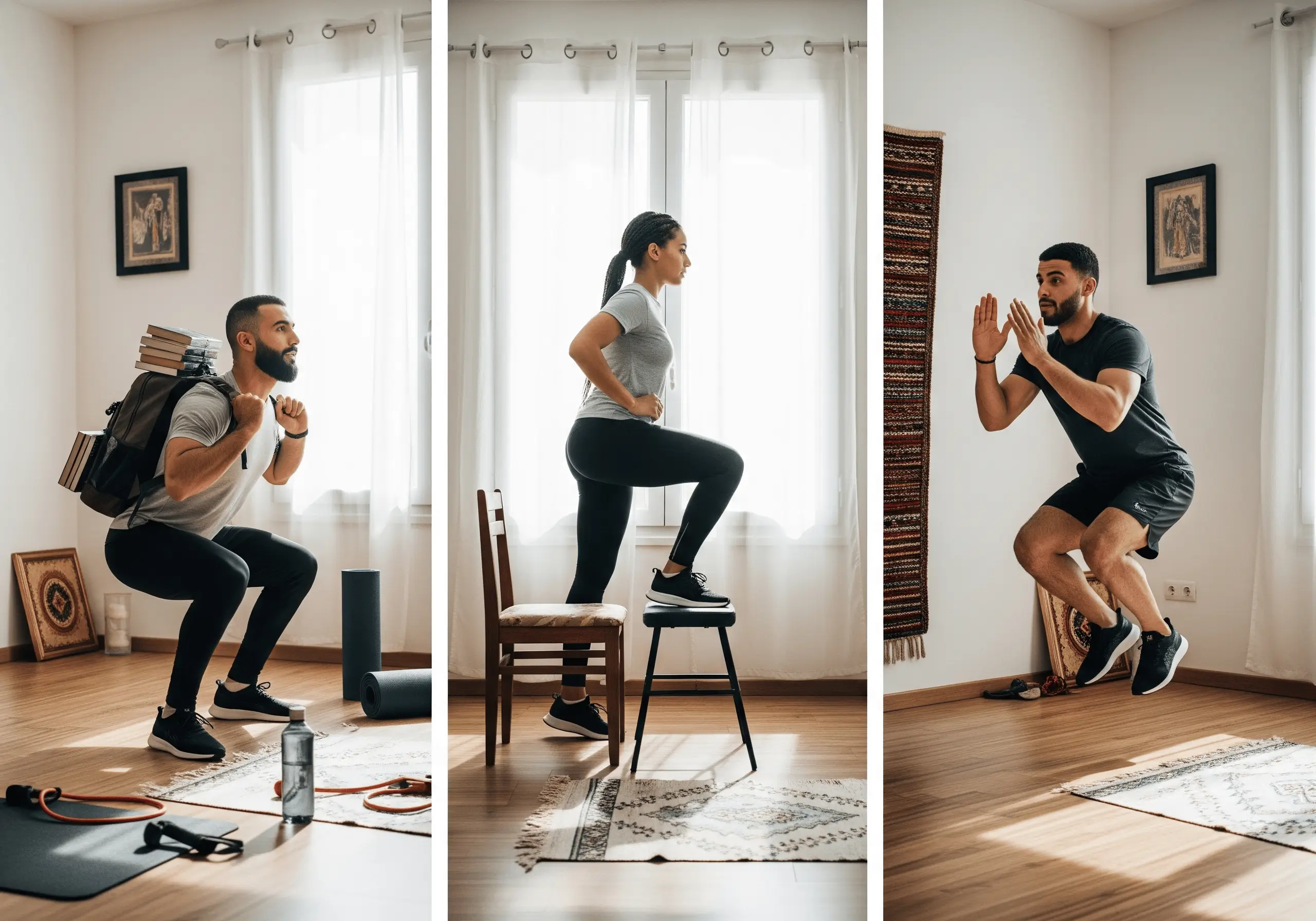 Trois scènes de sport à domicile dans un intérieur algérien moderne et lumineux. Un homme fait des squats avec un sac à dos lesté, une femme utilise une chaise pour des step-ups, et un autre homme réalise des burpees intenses. L'environnement épuré inclut un tapis de yoga et une bouteille d'eau, reflétant un mode de vie actif et contemporain en Algérie.