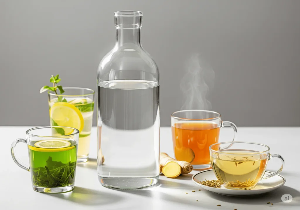 Une photo réaliste et lumineuse pour un article de santé sur "Hydratation et détox pour éliminer la graisse ventrale". Au centre, une grande bouteille d'eau transparente et rafraîchissante. Autour d'elle, sont disposés un verre de thé vert avec une tranche de citron, une tasse fumante d'infusion de gingembre et une tasse délicate de tisane de fenouil. L'ensemble de la scène est propre et net, avec une lumière naturelle douce, transmettant une sensation de pureté, de fraîcheur et de bien-être, idéale pour un blog santé ciblant la perte de graisse abdominale.