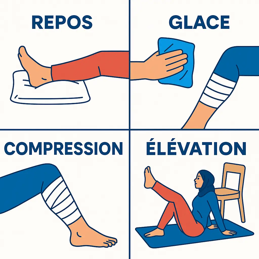 Infographie en français expliquant la méthode RICE pour soulager une blessure pendant une séance de sport à la maison. Les illustrations montrent les étapes de premiers soins à domicile : repos de la jambe, application de glace, compression avec bandage et élévation sur chaise. Adapté aux entraînements à domicile, fitness léger, exercices sans matériel ou musculation maison. Idéal pour prévenir les douleurs après un entraînement chez soi dans un cadre sécurisé.