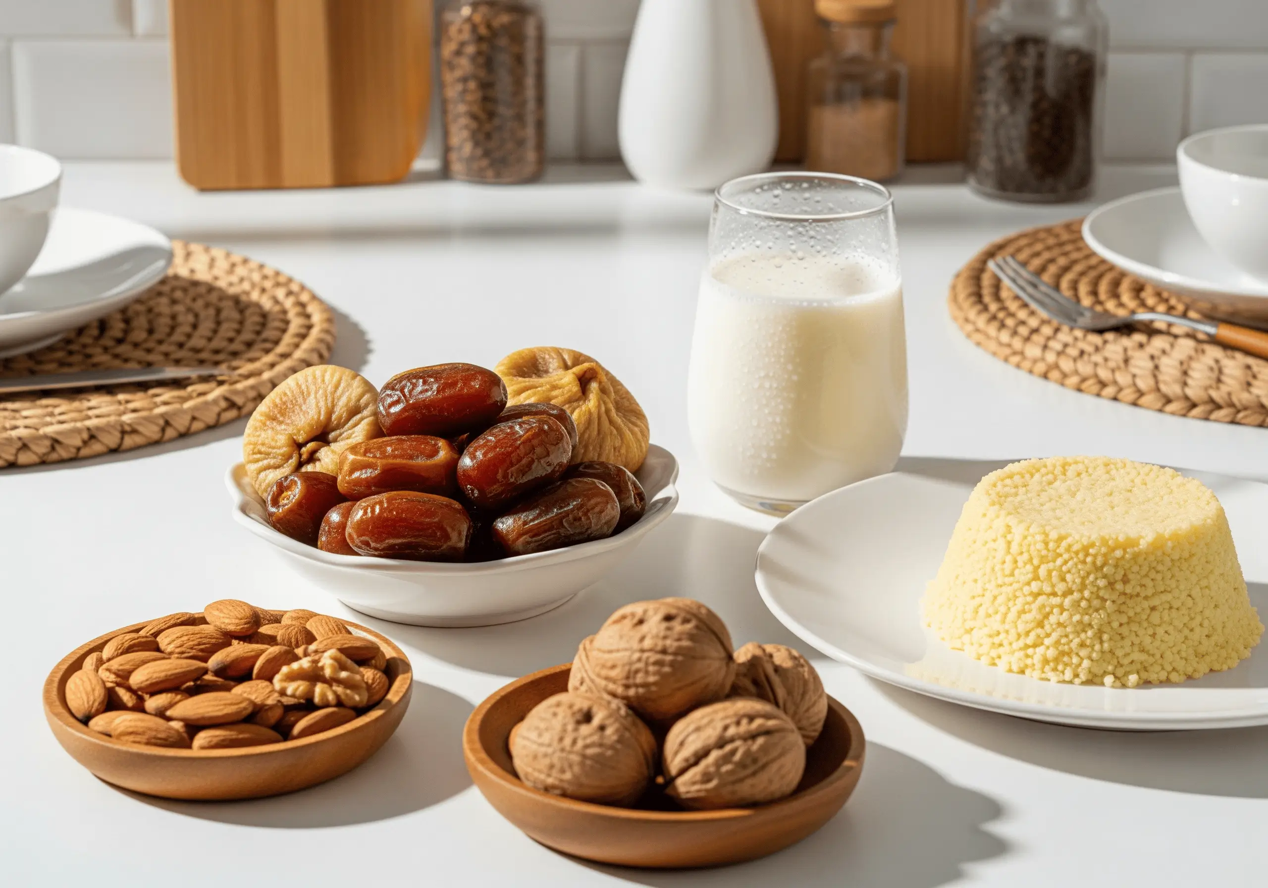 Vue de dessus d'une cuisine algérienne moderne et épurée présentant des aliments traditionnels pour la nutrition sportive : un bol de dattes et de figues, une assiette de couscous ou de semoule, un verre de leben frais, et un plat d'amandes et de noix. Le tout est mis en valeur par une lumière naturelle et des ustensiles en bois ou en céramique.