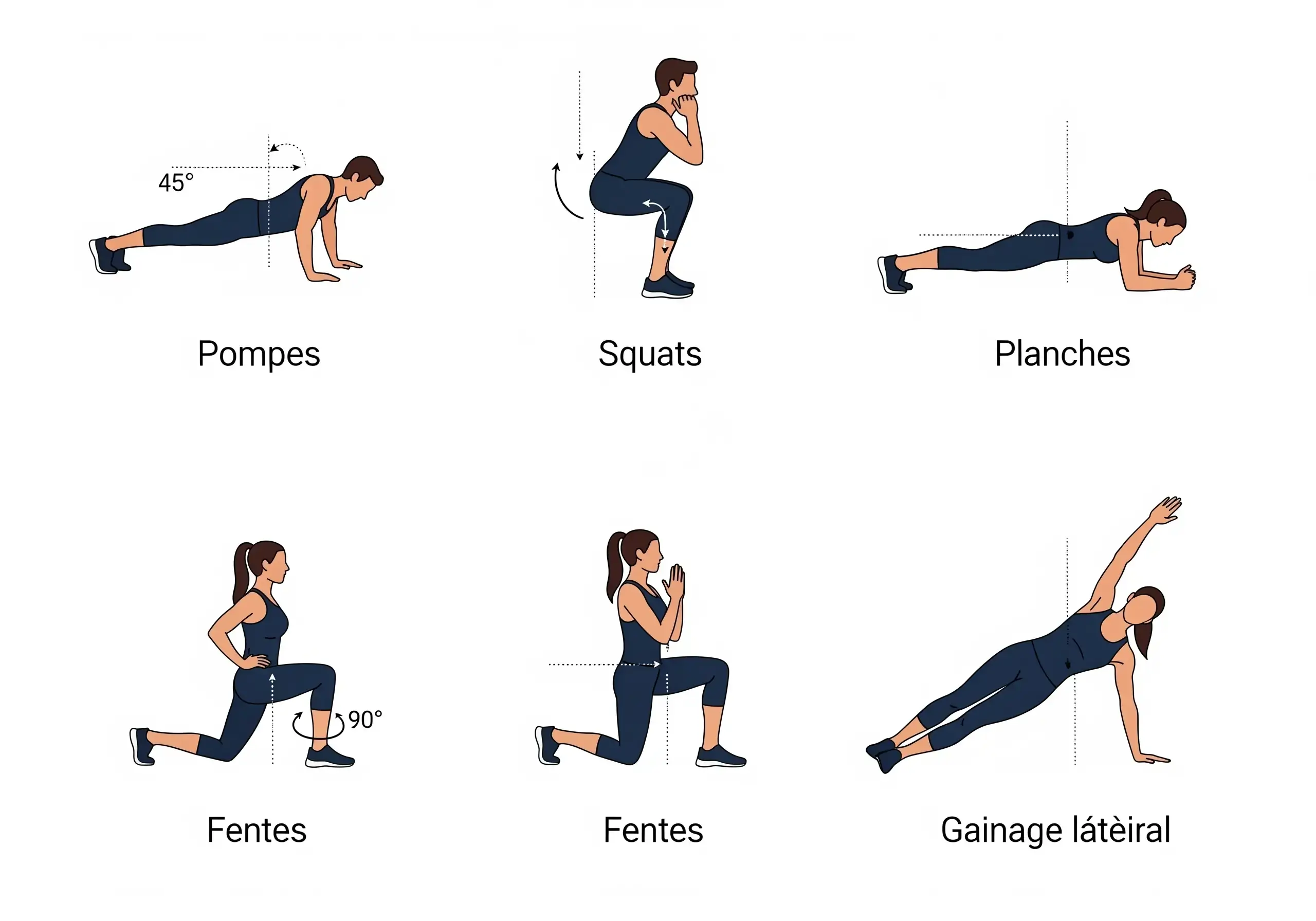Illustration des exercices de musculation maison pour débutants : pompes, squats, fentes, planches et gainage latéral, avec des repères visuels pour une exécution correcte et sécuritaire.