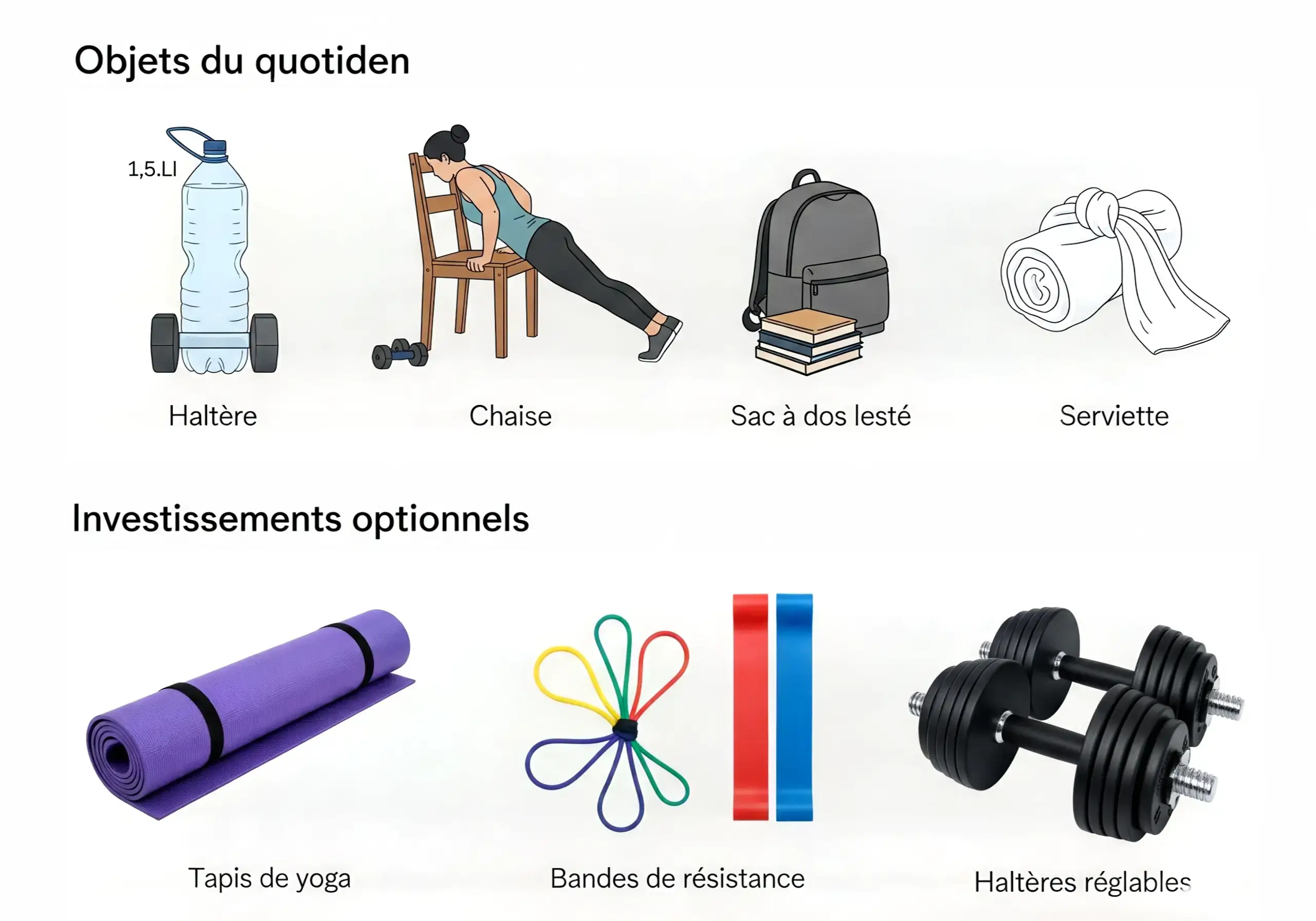 Image éducative montrant des alternatives pour un programme de musculation à la maison : une bouteille d'eau, une chaise, un sac à dos et une serviette de bain, ainsi que des équipements optionnels comme un tapis de yoga et des bandes de résistance.