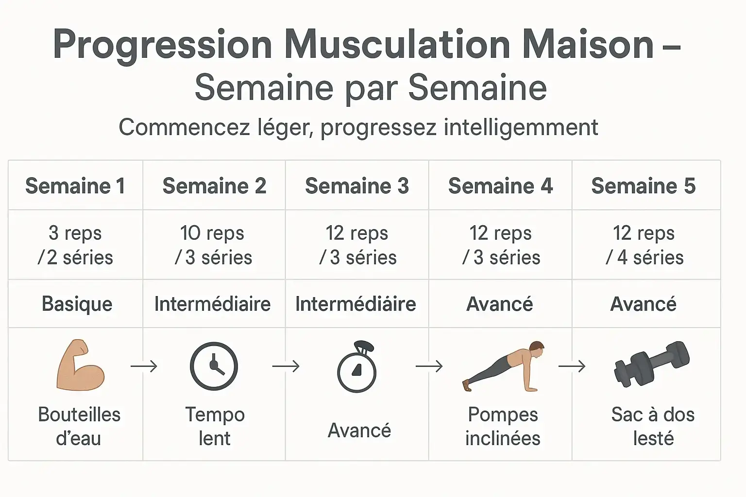 Illustration d’un programme musculation maison pour débutants, présenté sur 5 semaines. Chaque colonne montre l’évolution des répétitions, des séries, du niveau de difficulté (basique, intermédiaire, avancé) et de l’intensité (bouteilles d’eau, tempo lent, pompes inclinées, sac à dos lesté). Le visuel utilise des icônes claires et une structure horizontale pour expliquer la progression étape par étape sans matériel, adaptée aux hommes et femmes débutants.
